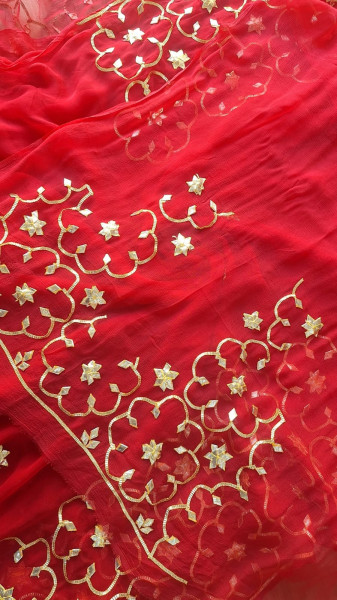 RED SHIFFON KACCHAGOTA HANDWORK  SAREE WITH UNSTITCHED  KACCHAGOTA HANDWORK  BLOUSE