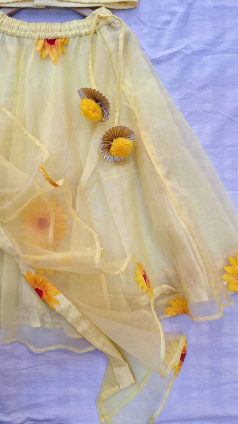 YELLOW ORGANZA HANDPAINT TOP SKIRT AND DUPPTTA KIDS SET