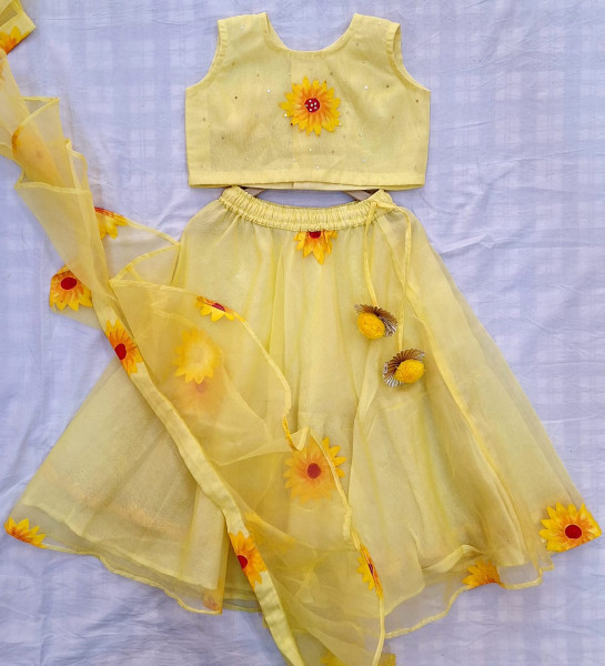 YELLOW ORGANZA HANDPAINT TOP SKIRT AND DUPPTTA KIDS SET