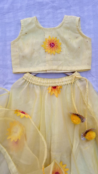 YELLOW ORGANZA HANDPAINT TOP SKIRT AND DUPPTTA KIDS SET