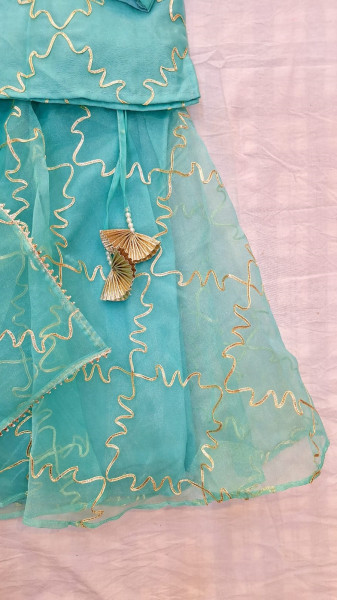 AQUA GREEN ORGANZA GOTA JAAL HANDWORK TOP SKIRT AND DUPPTTA KIDS SET