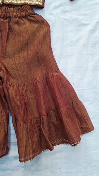 DARK RUST BROWN CRUSH TISSUE HANDWORK KIDS PEPLUM SHARAR WITH DUPPTTA SET