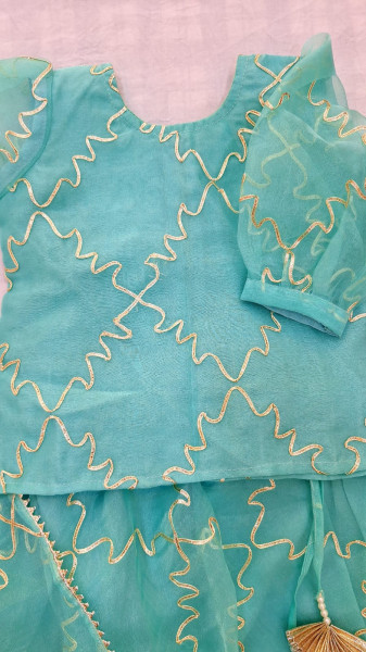 AQUA GREEN ORGANZA GOTA JAAL HANDWORK TOP SKIRT AND DUPPTTA KIDS SET
