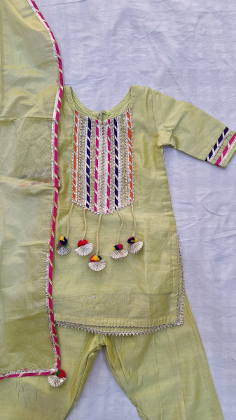 MINTGREEN CHANDERI WITH MAGJI KURTI PANT AND DUPPTTAA SET