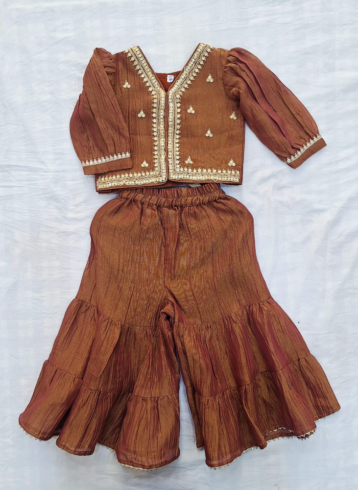 Image of DARK RUST BROWN CRUSH TISSUE HANDWORK KIDS PEPLUM SHARAR WITH DUPPTTA SET