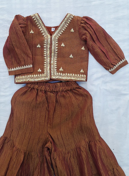 DARK RUST BROWN CRUSH TISSUE HANDWORK KIDS PEPLUM SHARAR WITH DUPPTTA SET