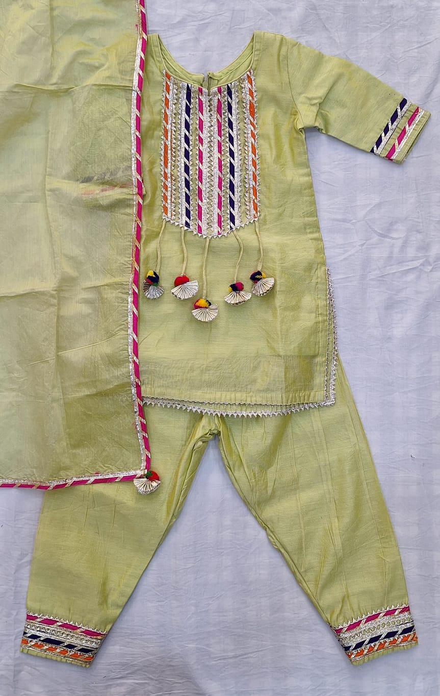 MINTGREEN CHANDERI WITH MAGJI KURTI PANT AND DUPPTTAA SET