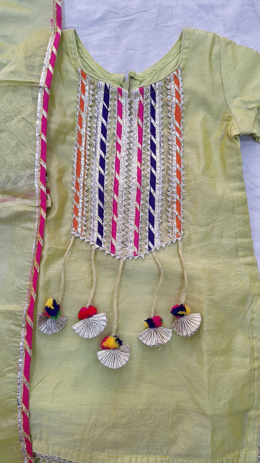 MINTGREEN CHANDERI WITH MAGJI KURTI PANT AND DUPPTTAA SET