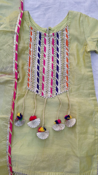 MINTGREEN CHANDERI WITH MAGJI KURTI PANT AND DUPPTTAA SET