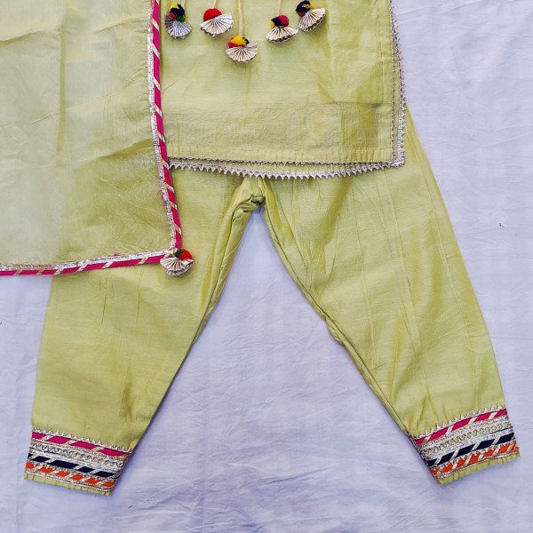 MINTGREEN CHANDERI WITH MAGJI KURTI PANT AND DUPPTTAA SET