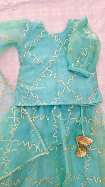 AQUA GREEN ORGANZA GOTA JAAL HANDWORK TOP SKIRT AND DUPPTTA KIDS SET