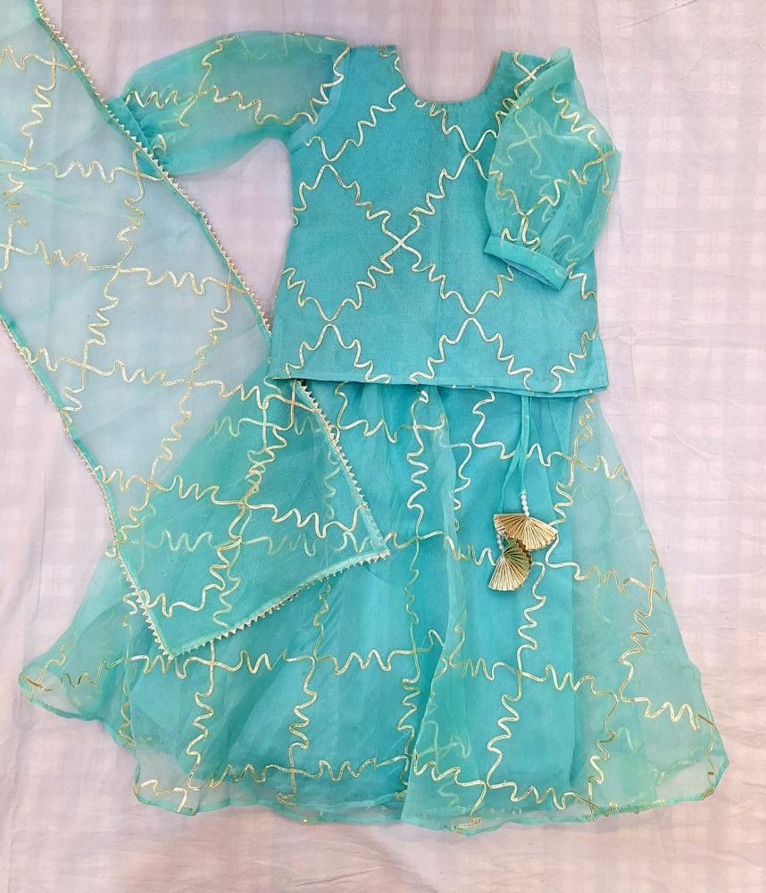 Image of AQUA GREEN ORGANZA GOTA JAAL HANDWORK TOP SKIRT AND DUPPTTA KIDS SET