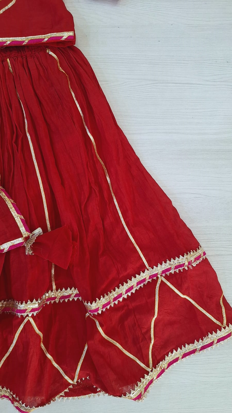 RED MULCHANDERI GOTA TOP SKIRT AND DUPPTTA SET