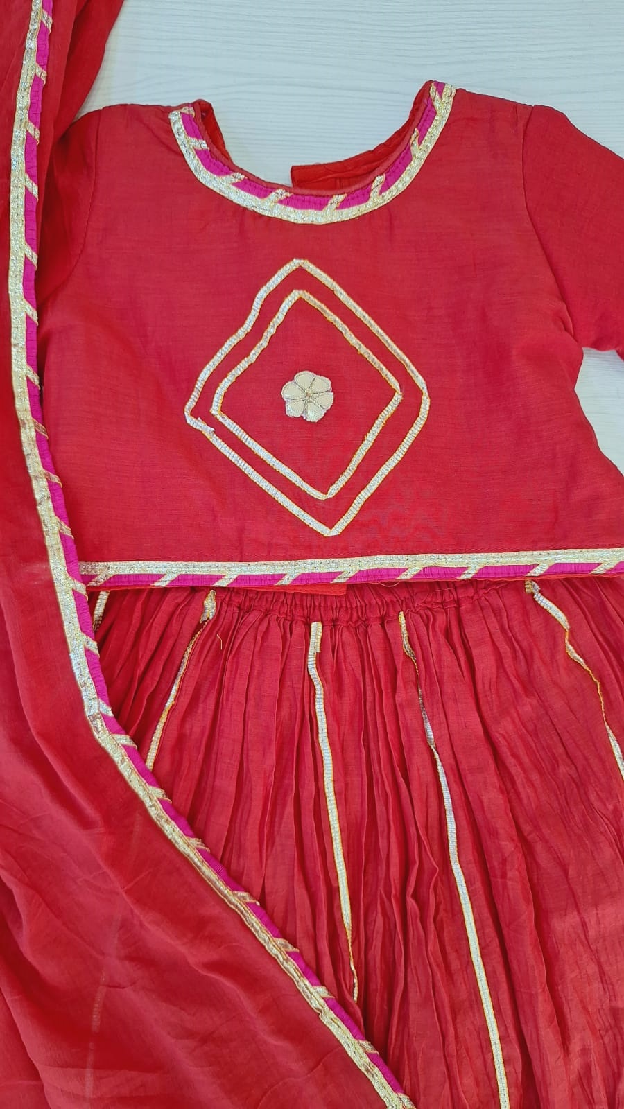 RED MULCHANDERI GOTA TOP SKIRT AND DUPPTTA SET