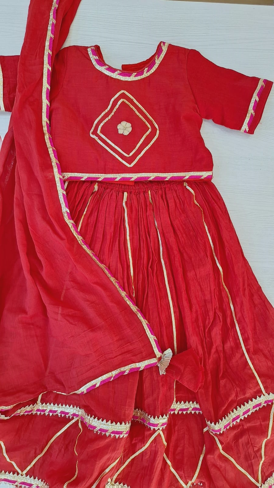 RED MULCHANDERI GOTA TOP SKIRT AND DUPPTTA SET
