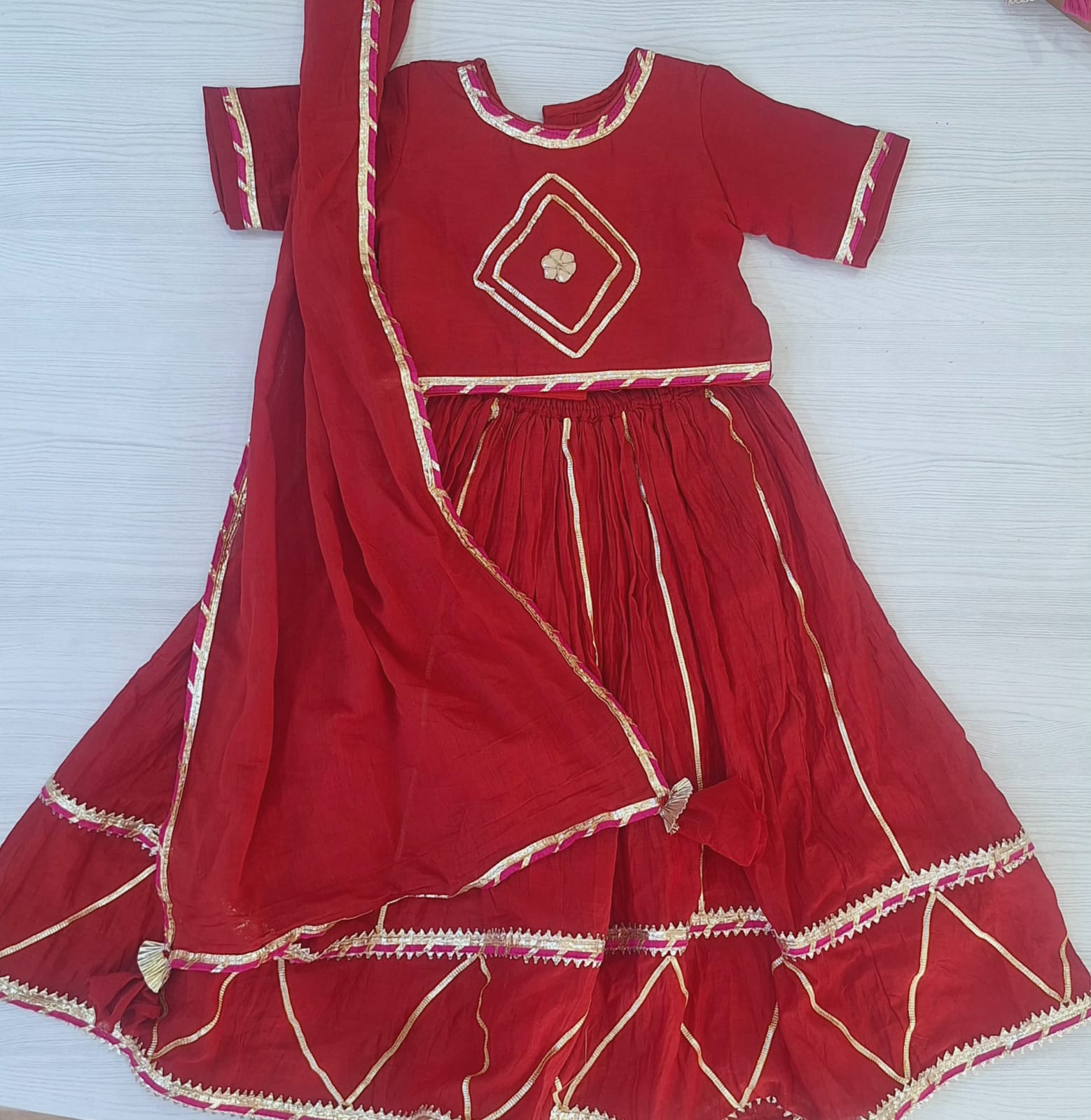 RED MULCHANDERI GOTA TOP SKIRT AND DUPPTTA SET