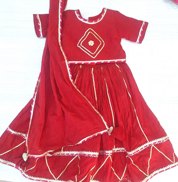 RED MUL CHANDERI HANDWORK TOP SKIRT AND DUPATTA KIDS SET