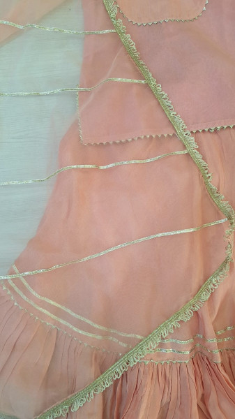 PEACH ORGANZA AND SUMMERSILK SHORT KURTI AND DUPPTTA  WITH SKIRT KIDS WEAR