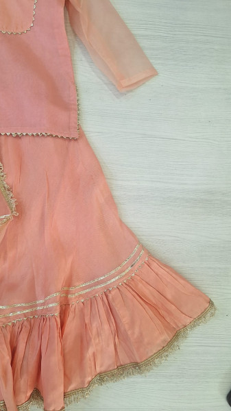 PEACH ORGANZA AND SUMMERSILK SHORT KURTI AND DUPPTTA  WITH SKIRT KIDS WEAR