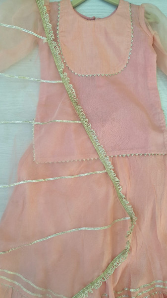 PEACH ORGANZA AND SUMMERSILK SHORT KURTI AND DUPPTTA  WITH SKIRT KIDS WEAR
