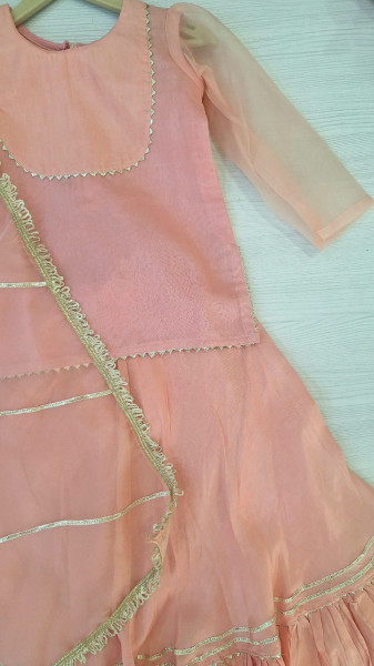 PEACH ORGANZA AND SUMMERSILK SHORT KURTI AND DUPPTTA  WITH SKIRT KIDS WEAR