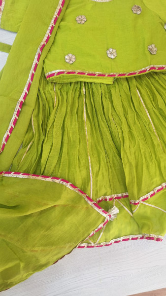 OLIVEGREEN MULCHANDERI HANDWORK TOP SKIRT AND DUPPTTA SET