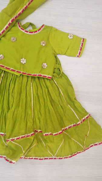 OLIVEGREEN MULCHANDERI HANDWORK TOP SKIRT AND DUPPTTA SET