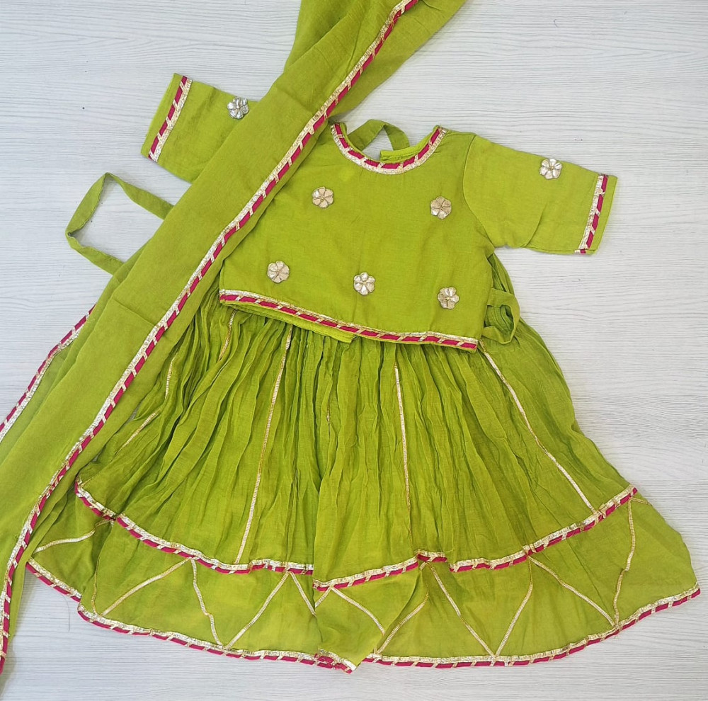 Image of OLIVEGREEN MULCHANDERI HANDWORK TOP SKIRT AND DUPPTTA SET