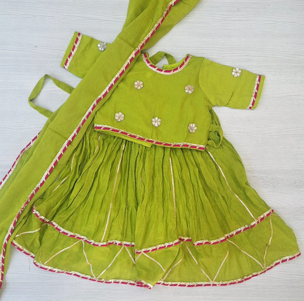OLIVEGREEN MULCHANDERI HANDWORK TOP SKIRT AND DUPPTTA SET