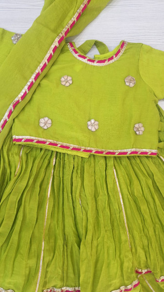 OLIVEGREEN MULCHANDERI HANDWORK TOP SKIRT AND DUPPTTA SET