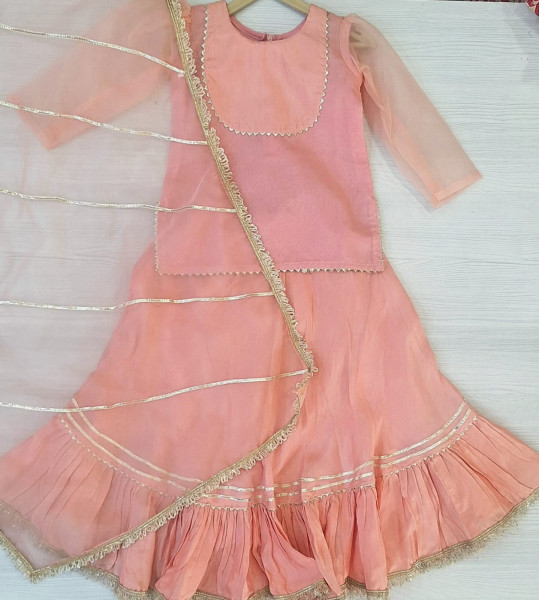 PEACH ORGANZA AND SUMMERSILK SHORT KURTI AND DUPPTTA  WITH SKIRT KIDS WEAR