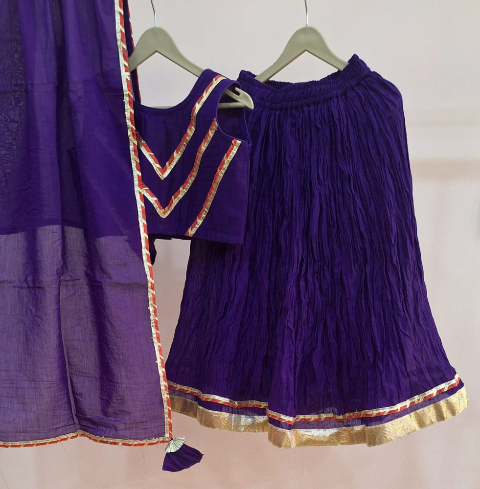 Image of PURPLE MULCHNADERI HANDWORK TOP SKIRT AND DUPPTTA  KIDS SET