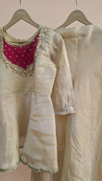 OFFWHITE TISSUE HANDWORK PEPLUM SHARARA KIDS SET