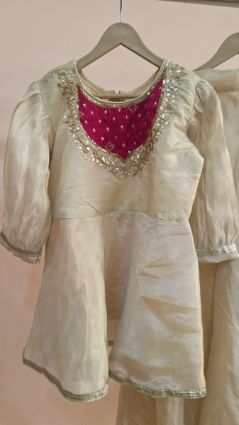 OFFWHITE TISSUE HANDWORK PEPLUM SHARARA KIDS SET