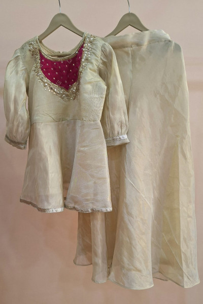 OFFWHITE TISSUE HANDWORK PEPLUM SHARARA KIDS SET