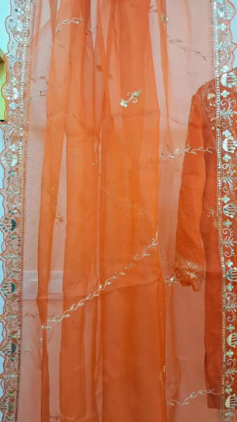 RUSTORANGE HANDWORK SHORT KURTI AND FLAYED PLAZO WITH PURE ORGANZA DUPPTTA SET