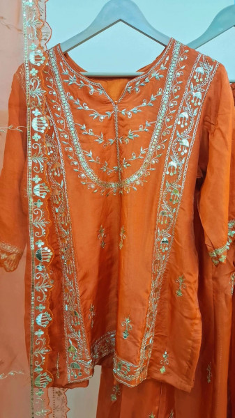 RUSTORANGE HANDWORK SHORT KURTI AND FLAYED PLAZO WITH PURE ORGANZA DUPPTTA SET