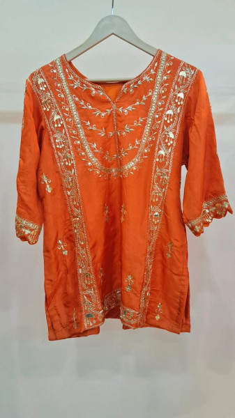 RUSTORANGE HANDWORK SHORT KURTI AND FLAYED PLAZO WITH PURE ORGANZA DUPPTTA SET