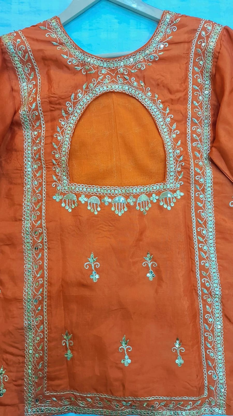 RUSTORANGE HANDWORK SHORT KURTI AND FLAYED PLAZO WITH PURE ORGANZA DUPPTTA SET