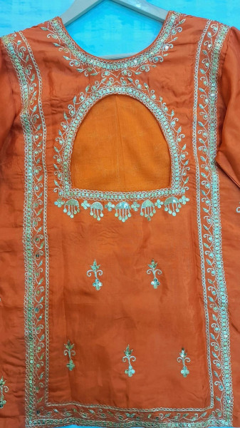 RUSTORANGE HANDWORK SHORT KURTI AND FLAYED PLAZO WITH PURE ORGANZA DUPPTTA SET