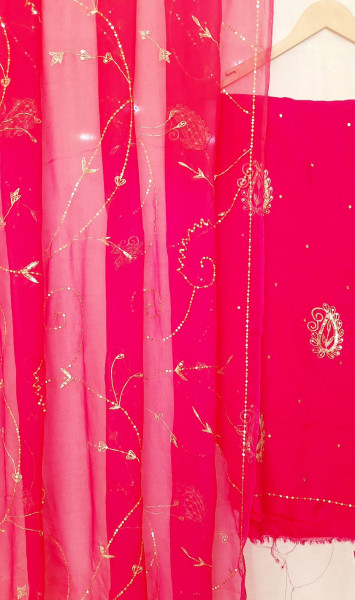 RANI DOLASILK AARI TAARI HANDWORK SUIT WITH SHIFFON JAAL AARI TAARI HANDWORK  WITH SANTOON PANTS UNSTICHED PCS