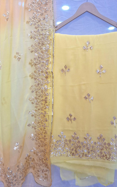 YELLOW GEORGETTE KACCHAGOTA HANDWORK WITH YELLOW KESARI SHIFFON KACCHAGOTA DUPPTTA AND SANTOON PANTS