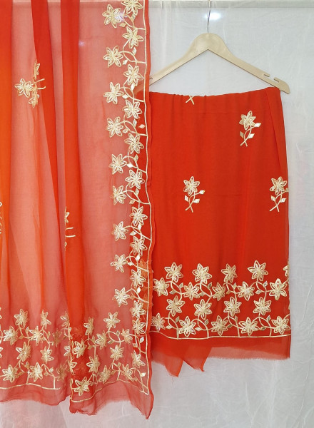 RUSTORANGE GEORGETTE KACCHAGOTA HANDWORK UNSTITCHED SUIT SET
