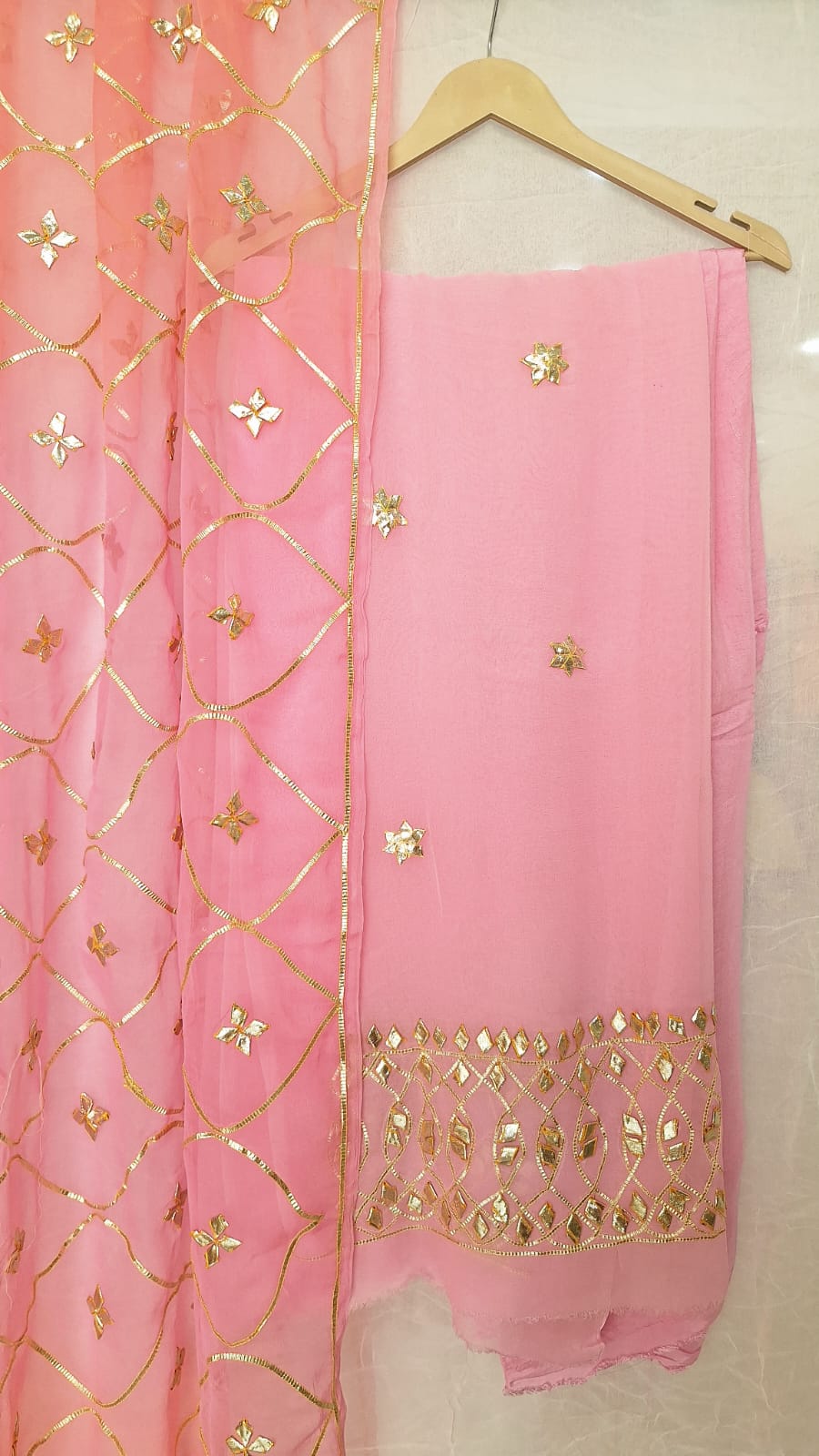 PINK GEORGETTE KACCHAGOTA HANDWORK UNSTITCHED SUIT SET