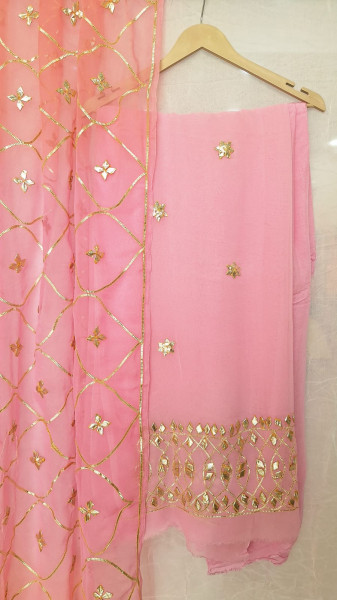 PINK GEORGETTE KACCHAGOTA HANDWORK UNSTITCHED SUIT SET