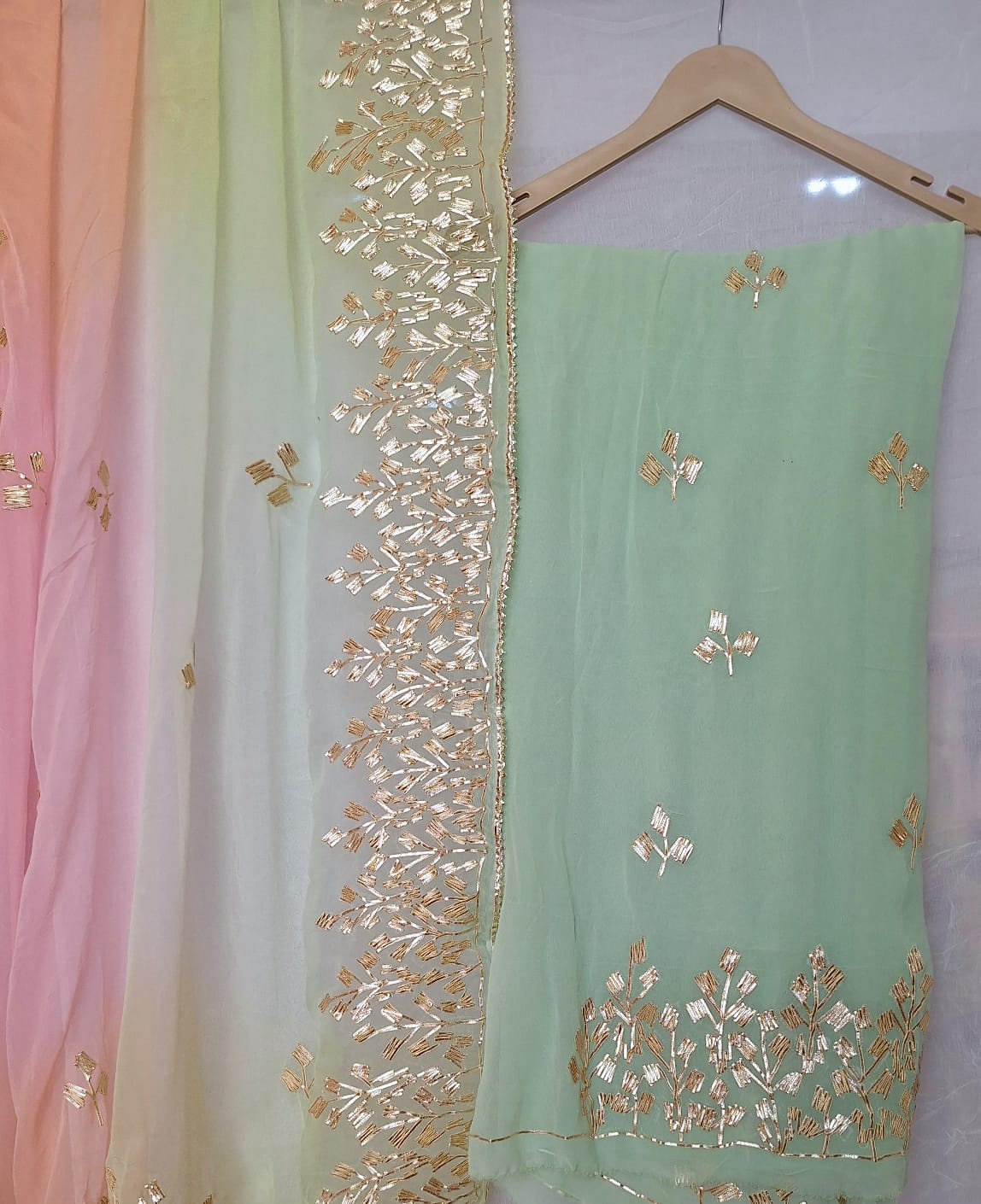 LIGHT GREEN GEORGETTE SUIT WITH MULTICOLOR DUPPTTA WITH KACCHAGOTA HANDWORK AND SANTOON PANTS