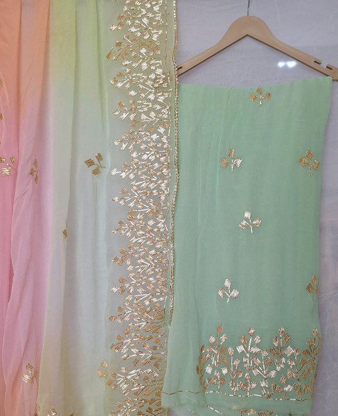 LIGHT GREEN GEORGETTE SUIT WITH MULTICOLOR DUPPTTA WITH KACCHAGOTA HANDWORK  AND SANTOON PANTS