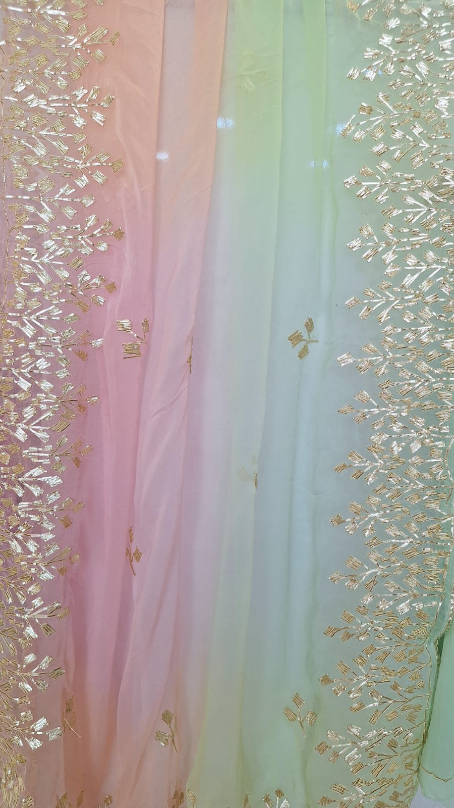 LIGHT GREEN GEORGETTE SUIT WITH MULTICOLOR DUPPTTA WITH KACCHAGOTA HANDWORK AND SANTOON PANTS