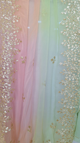LIGHT GREEN GEORGETTE SUIT WITH MULTICOLOR DUPPTTA WITH KACCHAGOTA HANDWORK  AND SANTOON PANTS