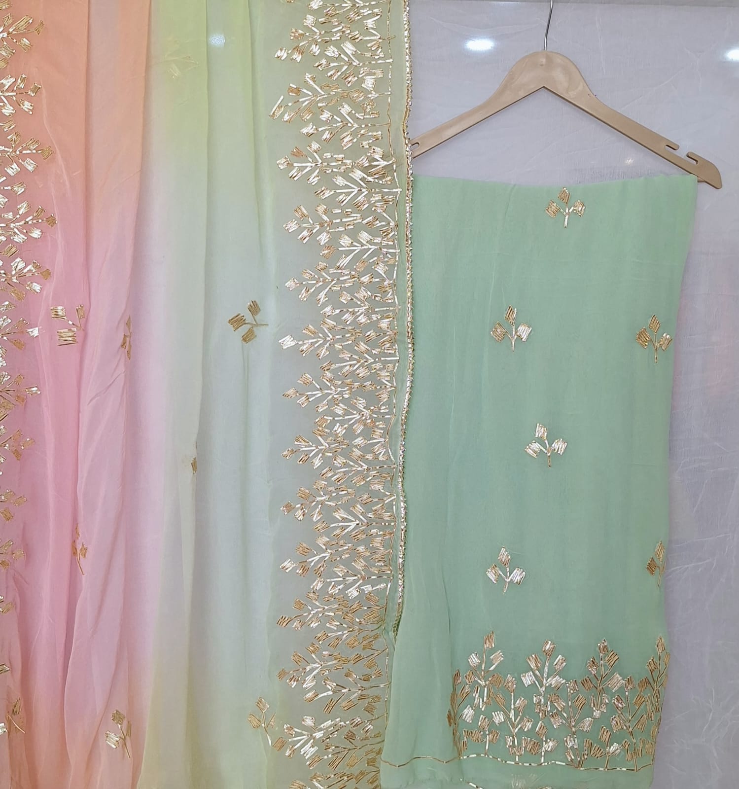LIGHT GREEN GEORGETTE SUIT WITH MULTICOLOR DUPPTTA WITH KACCHAGOTA HANDWORK AND SANTOON PANTS